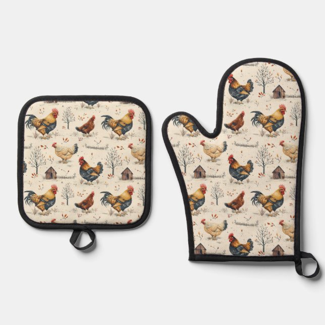 Niedliche Hühner Ofenhandschuh & Topflappen-Set (Vorderseite)