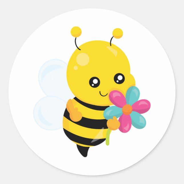 Niedliche Hummel mit einer Blume Runder Aufkleber (Vorderseite)