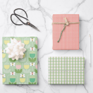 Niedliche Hummel, Tulips & Gingham Rosa und Grün Geschenkpapier Set