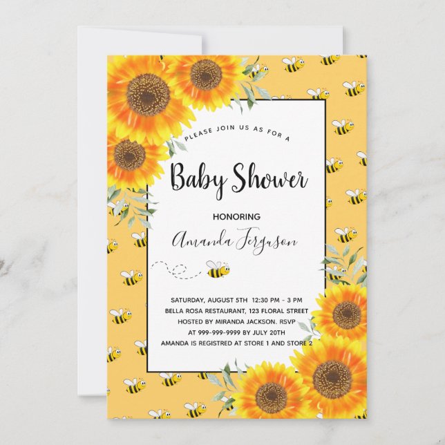 Niedliche Hummelgelbe Sonnenblumen Babydusche Einladung (Vorderseite)