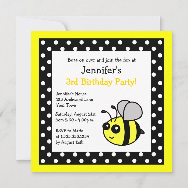 Niedliche Hummeln Birthday Black & Yellow Polka Do Einladung (Vorderseite)