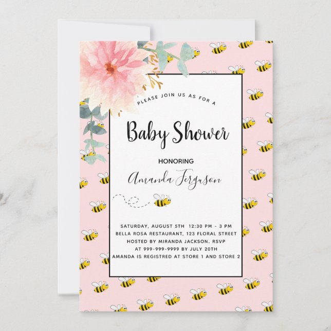 Niedliche Hummeln Rosa Sonnenblumen Babydusche Einladung (Vorderseite)