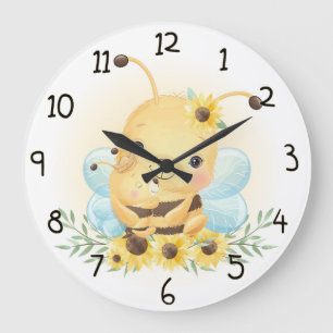 Niedliche Hummeln und Sonnenblumen Große Wanduhr
