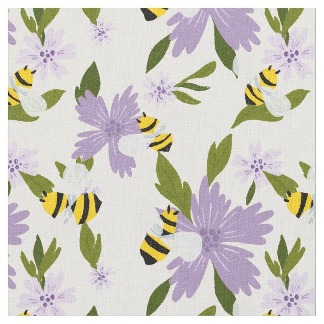 Niedliche Hummeln und violette Blumen Stoff (Nahaufnahme)