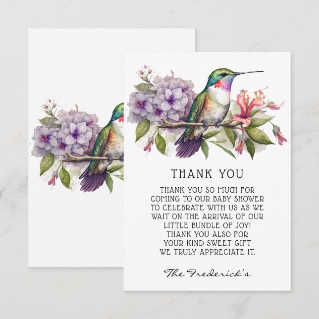 Niedliche Hummingbird Flora Babydusche Danke, Kart Dankeskarte (Vorne/Hinten)