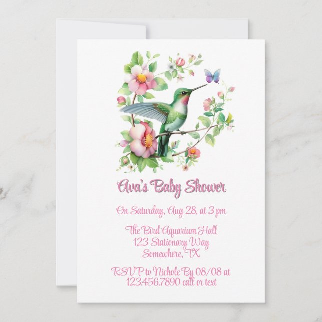 Niedliche Hummingbird und Butterfly Girl Babydusch Einladung (Vorderseite)