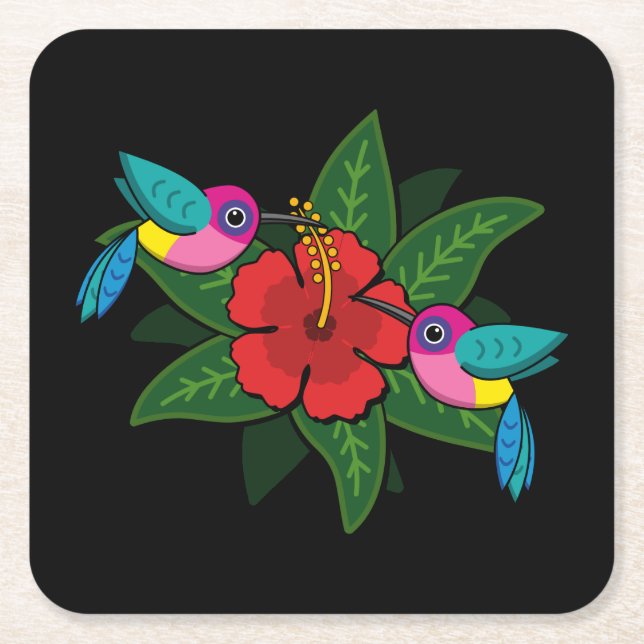 Niedliche Hummingsvögel auf Hibiskus Blume Cartoon Rechteckiger Pappuntersetzer (Vorderseite)