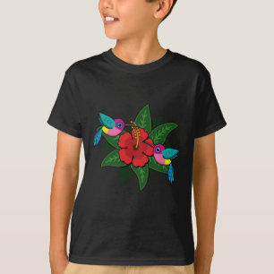 Niedliche Hummingsvögel auf Hibiskus Blume Cartoon T-Shirt