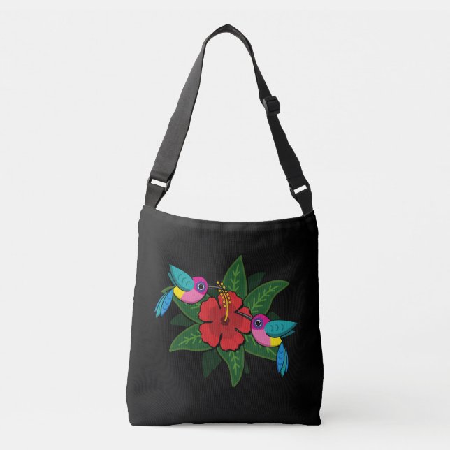 Niedliche Hummingsvögel auf Hibiskus Blume Cartoon Tragetaschen Mit Langen Trägern (Vorderseite)