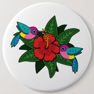 Niedliche Hummingvögel auf Hibiskus Blume Cartoon Button
