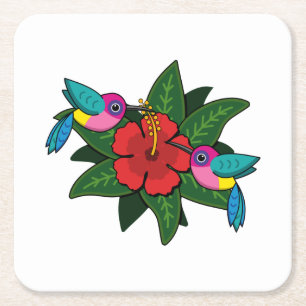 Niedliche Hummingvögel auf Hibiskus Blume Cartoon Rechteckiger Pappuntersetzer