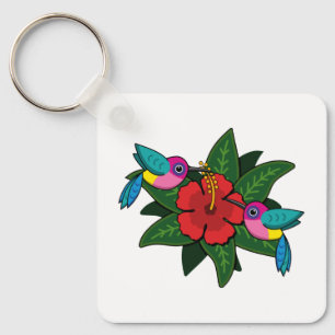 Niedliche Hummingvögel auf Hibiskus Blume Cartoon Schlüsselanhänger