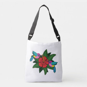 Niedliche Hummingvögel auf Hibiskus Blume Cartoon Tragetaschen Mit Langen Trägern