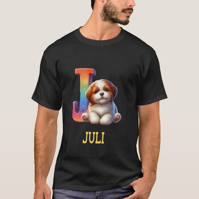Niedliche Hunde Brief Juli Name Rainbow Dog T-Shirt (Vorderseite)