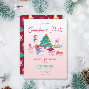 Niedliche Hunde Eis Skaten Pink Weihnachten Party Einladung