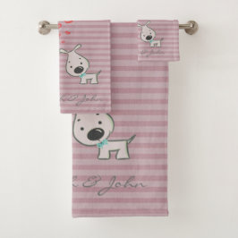 Niedliche Hunde in Liebe, Streifen - Personalisier Badhandtuch Set
