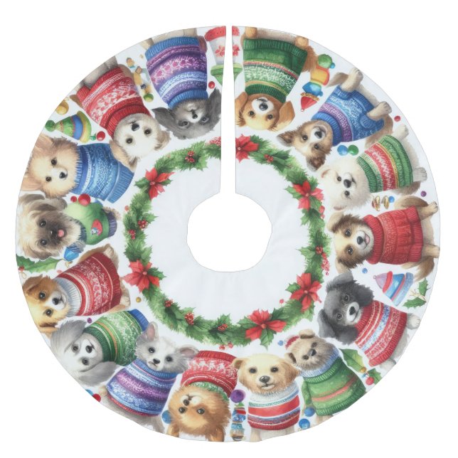 Niedliche Hunde in Süßmitteln Polyester Weihnachtsbaumdecke (Vorderseite)