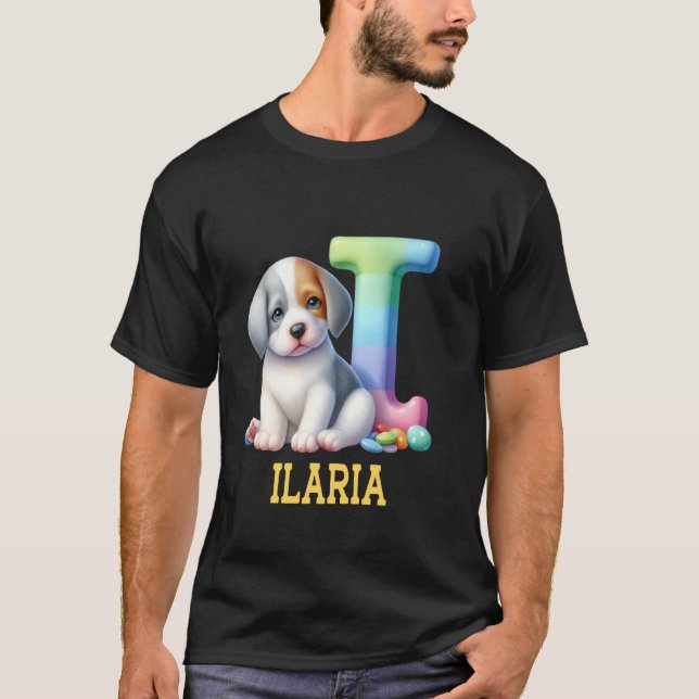 Niedliche Hunde Letter Ilaria Name Rainbow Dog T-Shirt (Vorderseite)