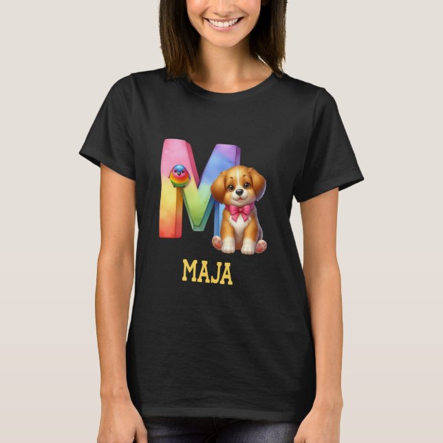 Niedliche Hunde Letter Maja Name Rainbow Dog T-Shirt (Vorderseite)