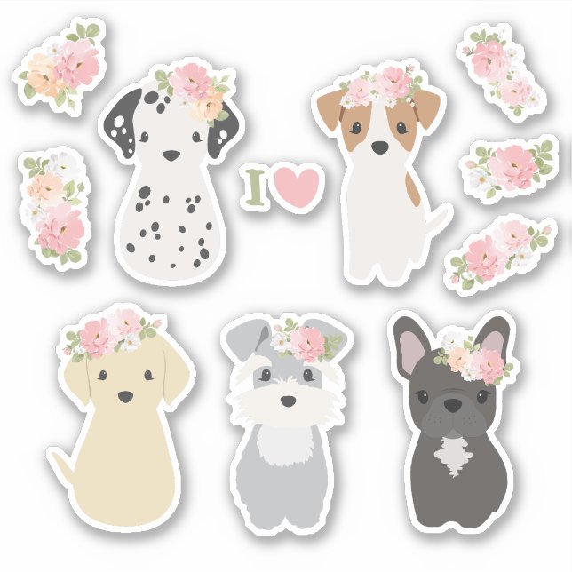 Niedliche Hunde mit Blume Aufkleberpackung Aufkleber (Vorderseite)