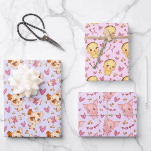 Niedliche Hunde Schweine Umhüllungspapier Set von  Geschenkpapier Set