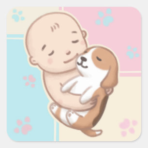 Niedliche Hunde- und Baby-Illustration Art Quadratischer Aufkleber