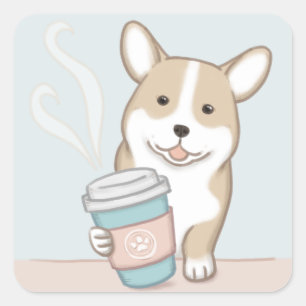 Niedliche Hunde- und Kaffeebilderung Kunst Quadratischer Aufkleber