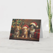 Niedliche Hunde und Katzen unter Weihnachtsbaum