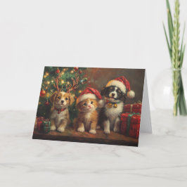 Niedliche Hunde und Katzen unter Weihnachtsbaum Feiertagskarte
