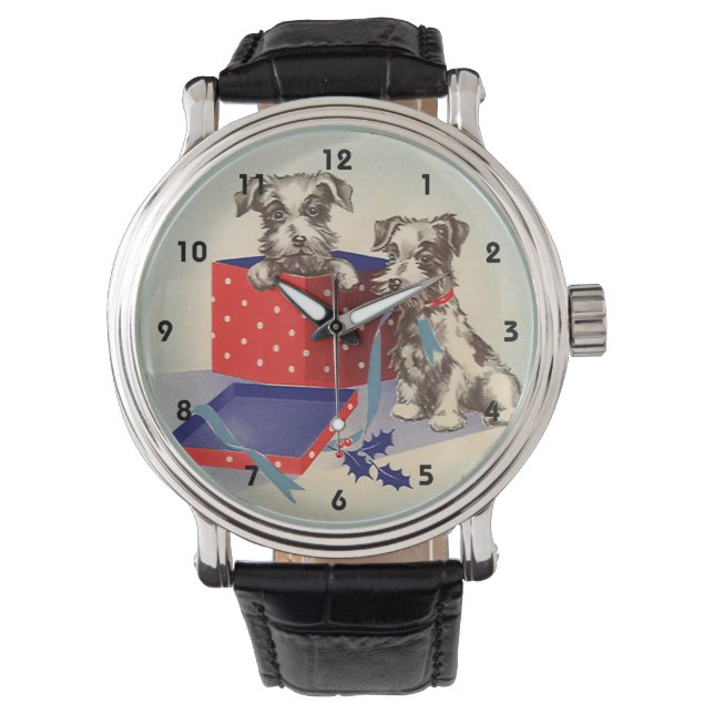 Niedliche Hunde, Weihnachtsgrüße im Jahrgang Armbanduhr (Vorderseite)