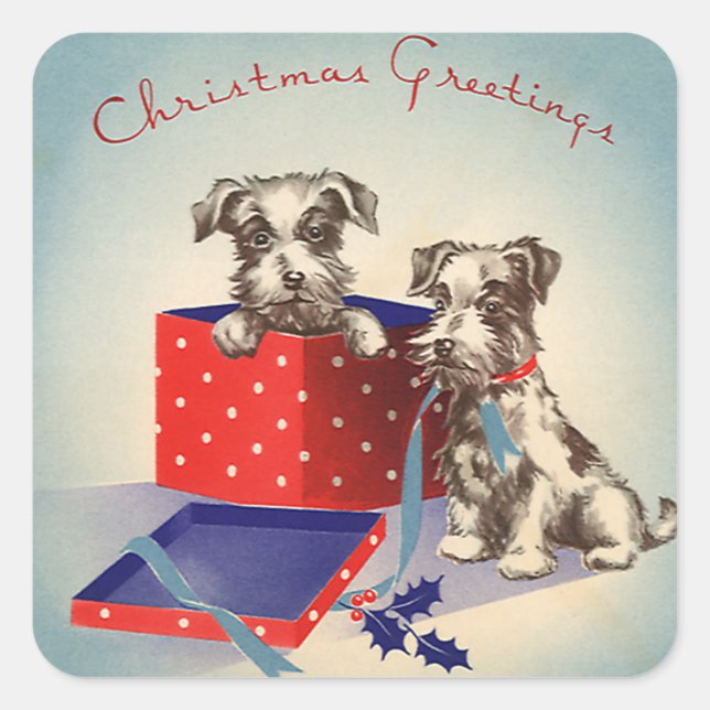Niedliche Hunde, Weihnachtsgrüße im Jahrgang Quadratischer Aufkleber (Vorderseite)