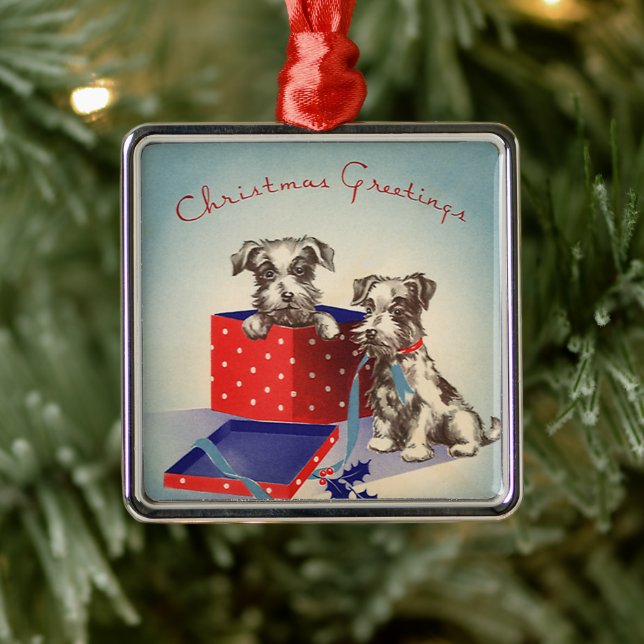 Niedliche Hunde, Weihnachtsgrüße im Jahrgang Silbernes Ornament (Baum)