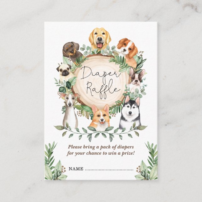 Niedliche Hunde Windeln Raffle Greenery Welpe Baby Begleitkarte (Vorderseite)