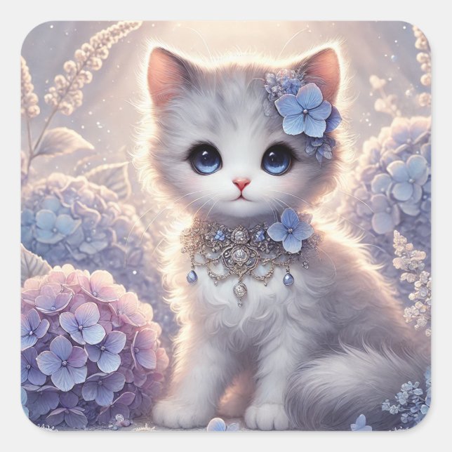 Niedliche Hydrangea Princess Cat Quadratischer Aufkleber (Vorderseite)