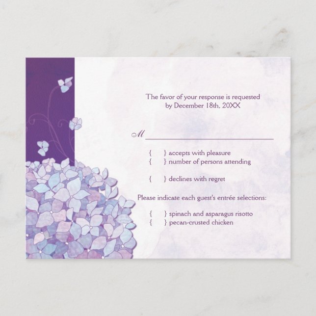 Niedliche Hydrangea Wedding Entree Choice RSVP Car Einladungspostkarte (Vorderseite)