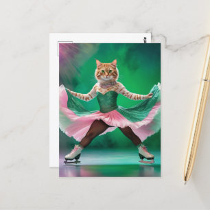 Niedliche Ice Skaten Cat in Rosa und Grün Postkarte