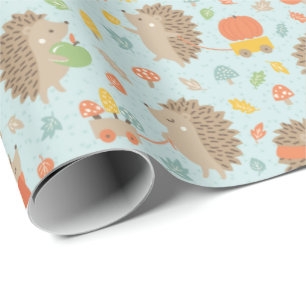 Niedliche Igel mit kleinen Blätter blau Geschenkpapier