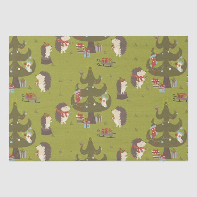 Niedliche Igel mit Weihnachtsbaum und Schlittenkid Seidenpapier (Vorderseite)
