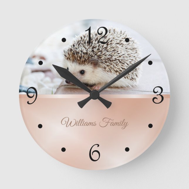 Niedliche Igel Rose Gold Falsche Namen Runde Wanduhr (Vorderseite)