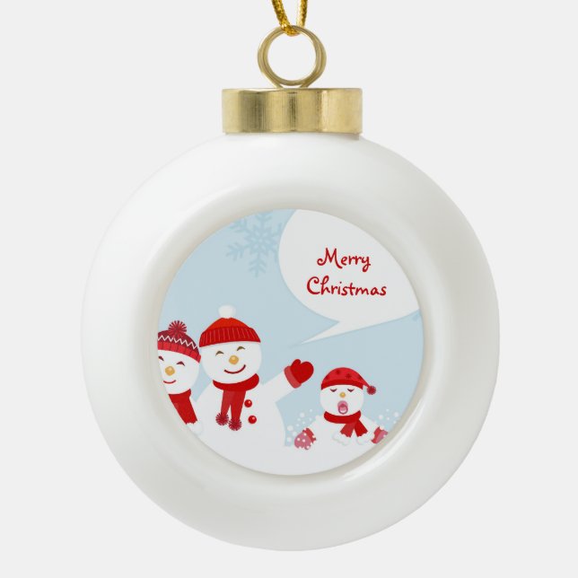 Niedliche Illustration eines Schneemanns mit Schne Keramik Kugel-Ornament (Vorderseite)