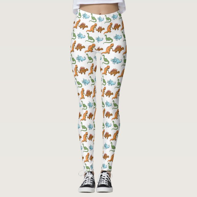 Niedliche Illustrierte Dinosaurier über weißem Mus Leggings (Vorderseite)