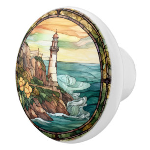 Niedliche Imitat Leuchtturm aus Buntglas Keramikknauf