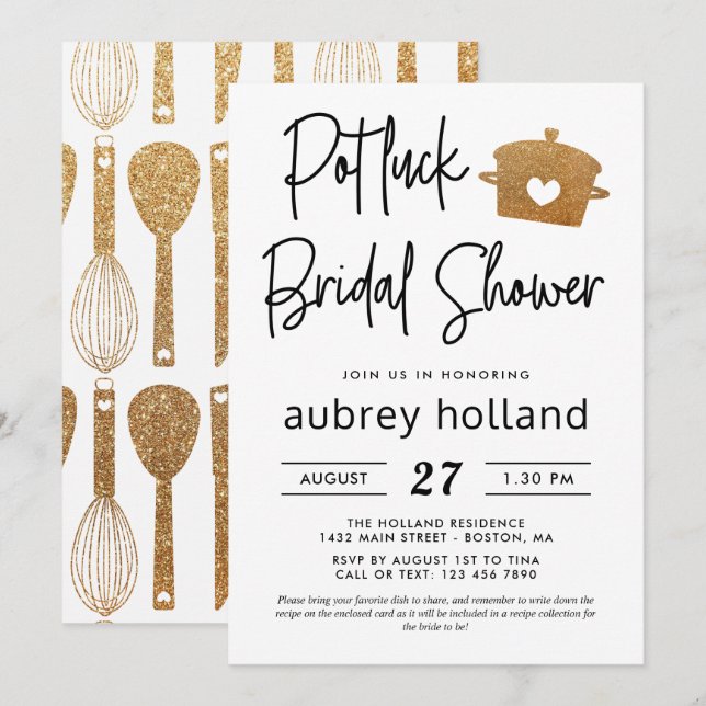 Niedliche Imitate Gold Glitzer Potluck Brautparty Einladung (Vorne/Hinten)
