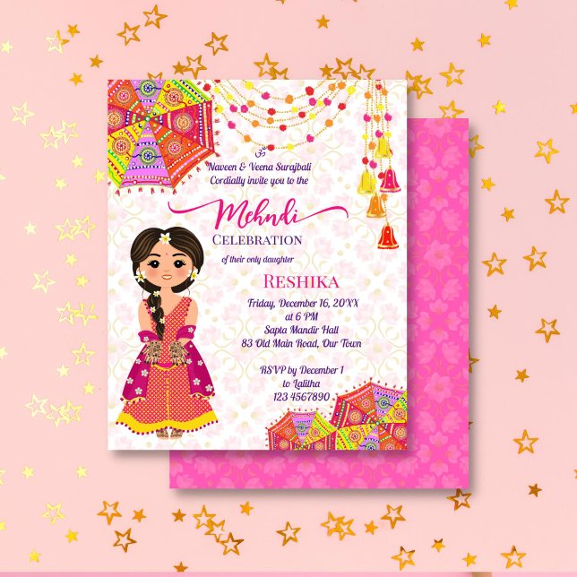 Niedliche indische Brautschirme aus Mehndi laden e (Mehndi budget invitation template with a cute henna bride cartoon colorful umbrellas decorations)