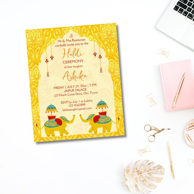 Niedliche indische Hochzeitelefantenbudget (Joly Indian wedding elephants yellow oriental pattern background Haldi Budget Invitation)