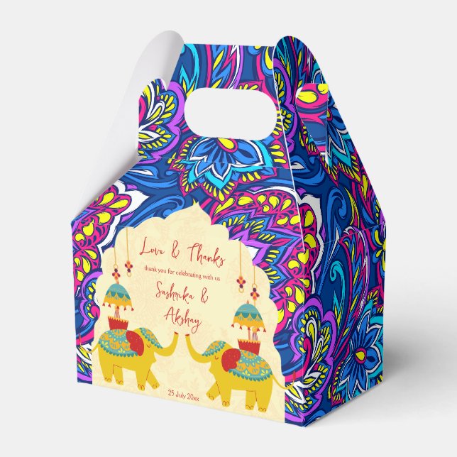 Niedliche indische Hochzeitselefanten gelb blau Geschenkschachtel (Vorderseite)