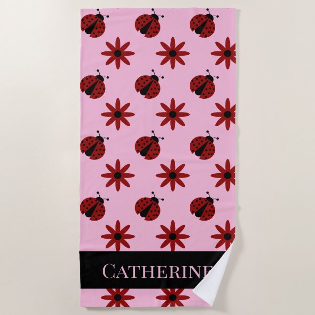 niedliche individuelle Name-Ladybugs-Blume persona Strandtuch (Vorderseite)