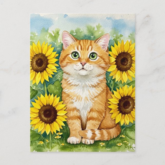 Niedliche Ingwer Katze in Sonnenblumen Postkarte (Vorderseite)