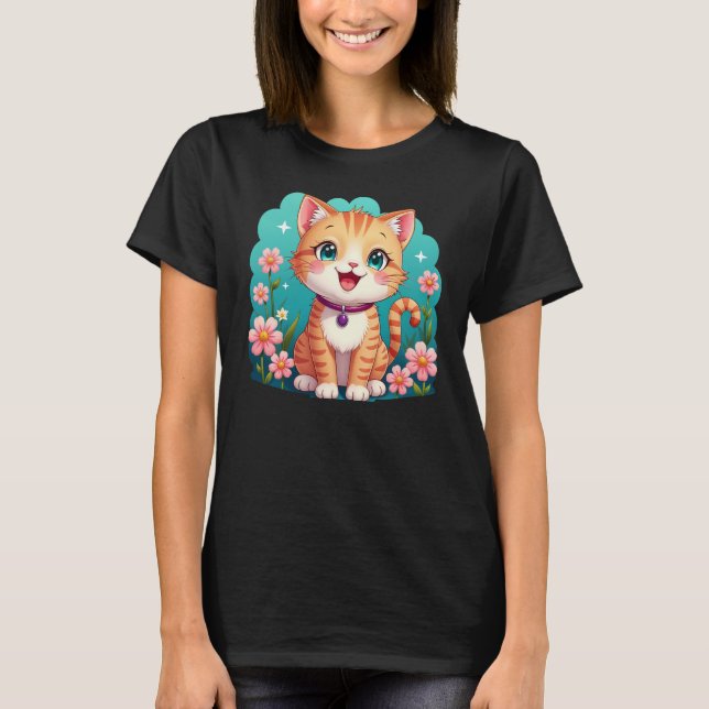 Niedliche Ingwer Katze mit Blume - Cartoon Katze T-Shirt (Vorderseite)