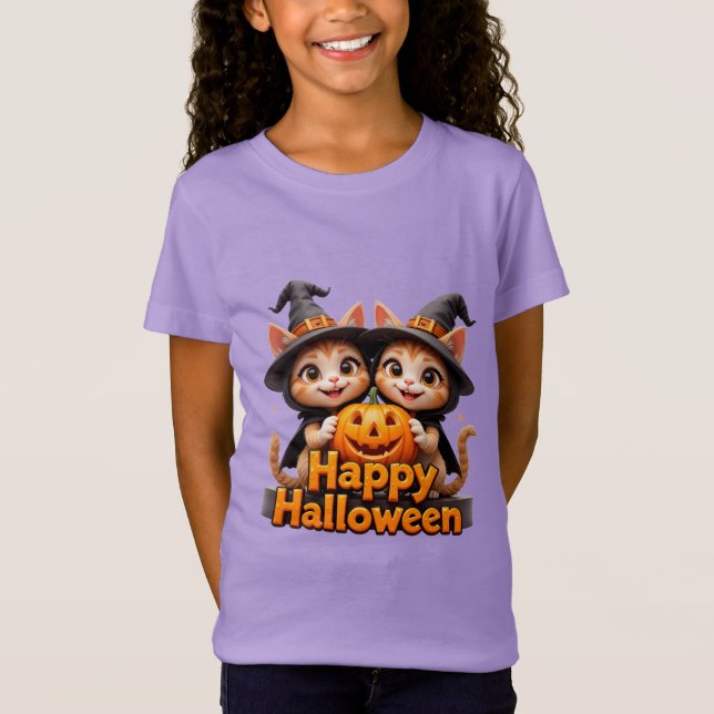 Niedliche Ingwer Katzen in Hexenhut Halloween Kürb T-Shirt (Vorderseite)